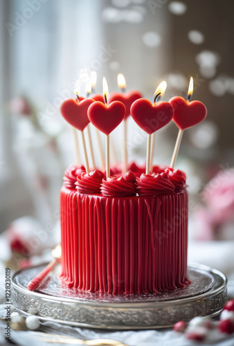 A delicious Valentine day romantic love cake decorated with hearts