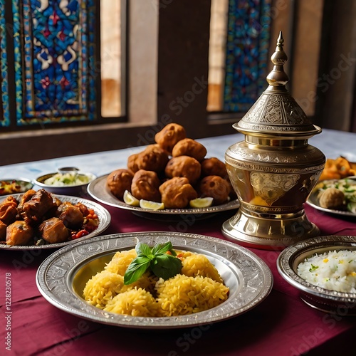 Colorful traditional feast featuring various dishes and decorative serving ware at a cultural venue during the day photo