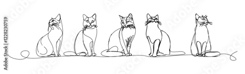 Cat illustration made with continuous lines, a simple linear style and a modern approach. A collection of cats on a white background.