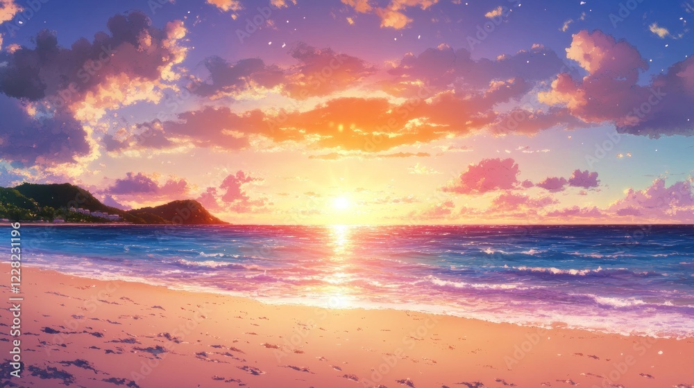 Serene Sunset Beach Scene Tranquil Ocean Waves Serene Sunset Beach Scene Tranquil Ocean Waves