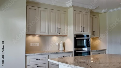 A minimalist kitchen boasting cream-colored cabinetry, discreet under-cabinet lighting, and a spacious island with a limestone countertop and refined open shelving.