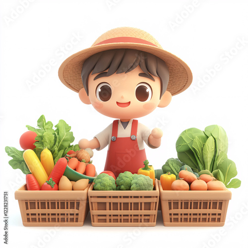 A cute digital 3D illustration of a local farmer selling fresh organic vegetables at a market as a symbol of sustainability and healthy eating photo