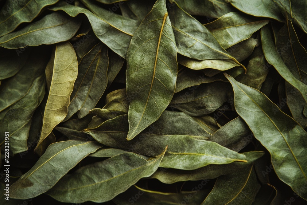 Fototapeta premium Vibrant Close-Up of Fresh Indian Curry Leaves: Aromatic Spice Ingredient for Culinary Delights