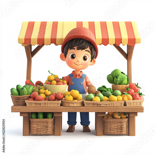 A cute digital 3D illustration of a local farmer selling fresh organic vegetables at a market as a symbol of sustainability and healthy eating photo