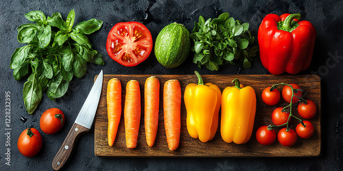 Wooden board with fresh vegetables, knife, and spices on a rustic and dark background. Generated with AI. photo