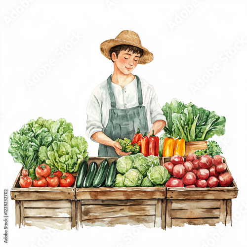 Watercolor illustration of a local farmer displaying fresh organic vegetables at a market stall, symbolizing sustainable farming and healthy living photo