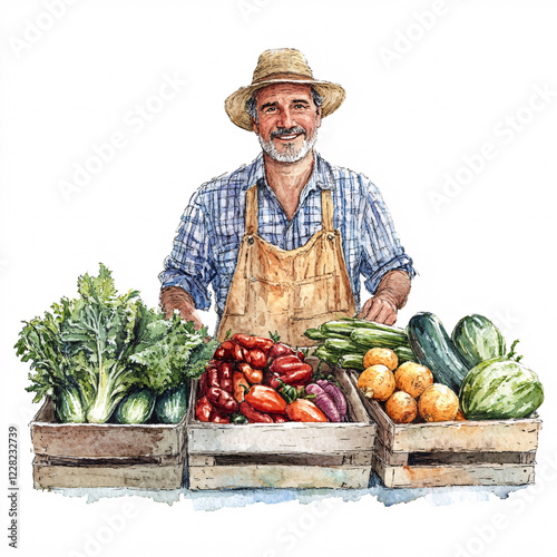 Watercolor illustration of a local farmer displaying fresh organic vegetables at a market stall, symbolizing sustainable farming and healthy living photo