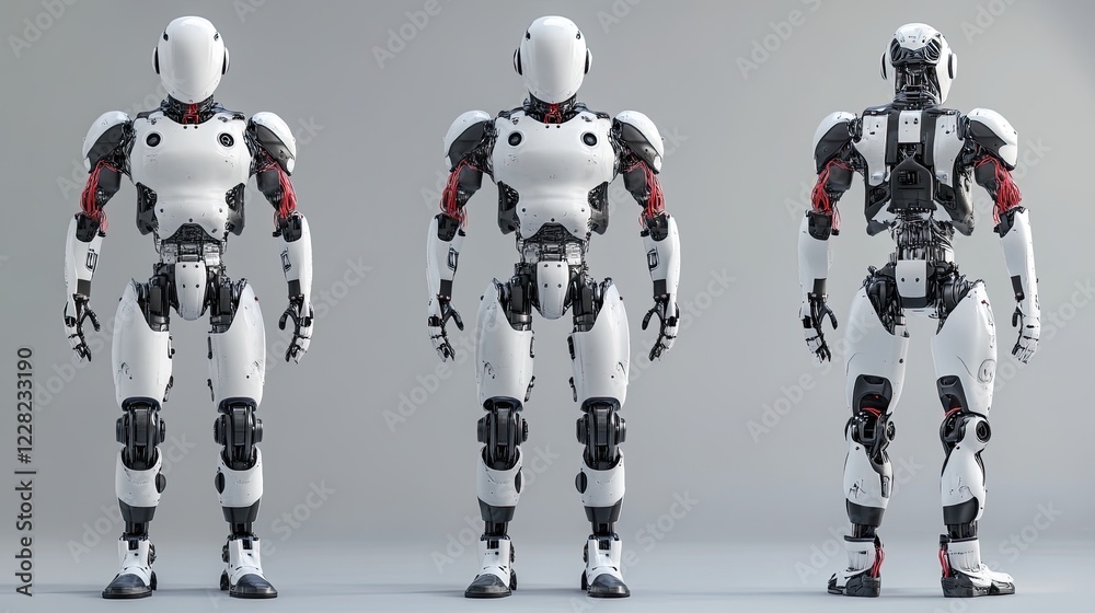 Fototapeta premium Futuristic robot models, three views, studio shot, empty background