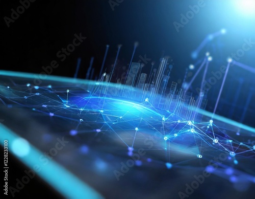 A futuristic glowing blue hologram interface with digital data and graphs floating in mid-air on a dark background.