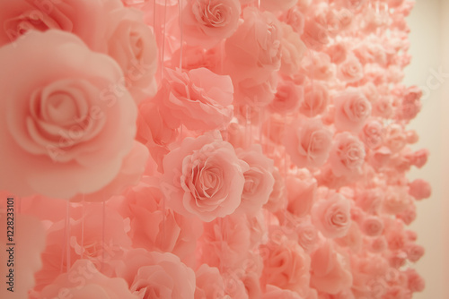 Pink Rose Wall: A captivating wall of delicate, light pink paper roses creates a stunning floral backdrop.  The soft texture and romantic color palette evokes feelings of serenity and elegance. 