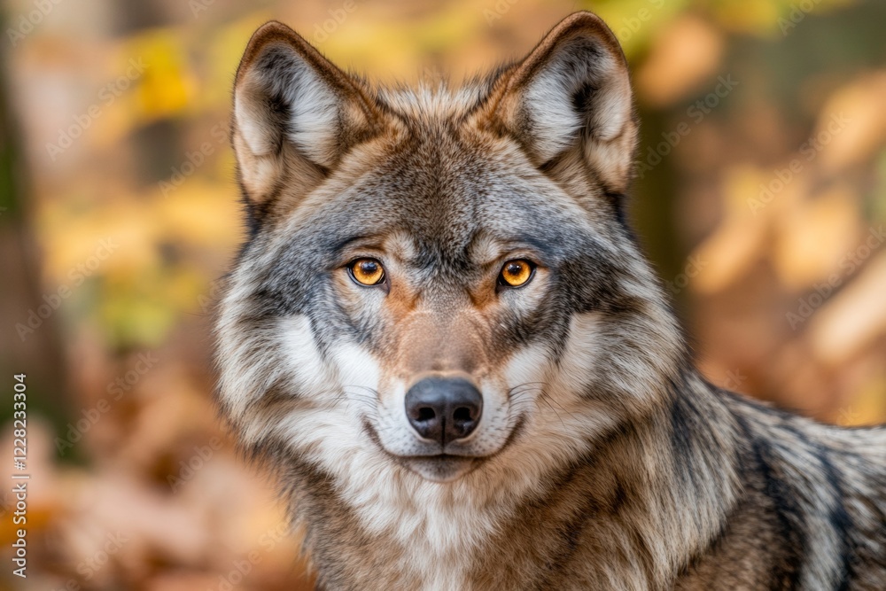 Naklejka premium Close-up view of a wolf's eyes shows an intense amber gaze that reflects the surrounding wilderness, capturing the essence of nature's beauty in exquisite detail
