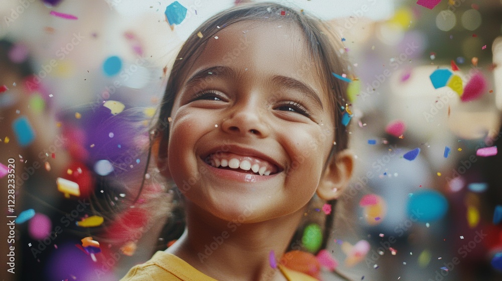 Child joyfully celebrating with colorful confetti in a festive outdoor environment during daylight Child joyfully celebrating with colorful confetti in a festive outdoor environment during daylight