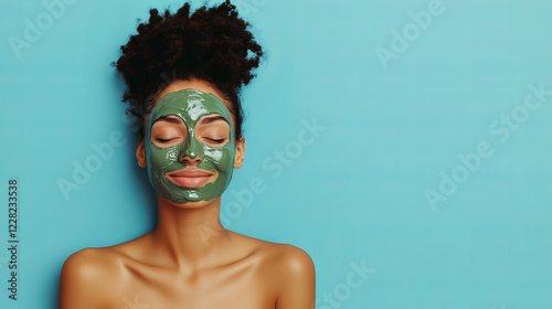 Woman with natural hair enjoying a detoxifying green face mask, part of a holistic skincare routine. 