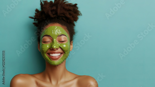 Woman with natural hair enjoying a detoxifying green face mask, part of a holistic skincare routine. 