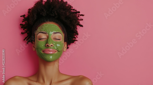 Woman with natural hair enjoying a detoxifying green face mask, part of a holistic skincare routine. 
