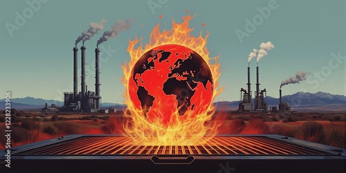 Fototapeta Naklejka Na Ścianę i Meble -  A fiery Earth burns, scorched by industry and technology. Smokestacks belch pollution, oil pumps churn as fossil fuels grill our planet