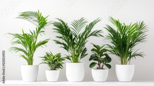 Five Green Potted Plants Against White Wall photo