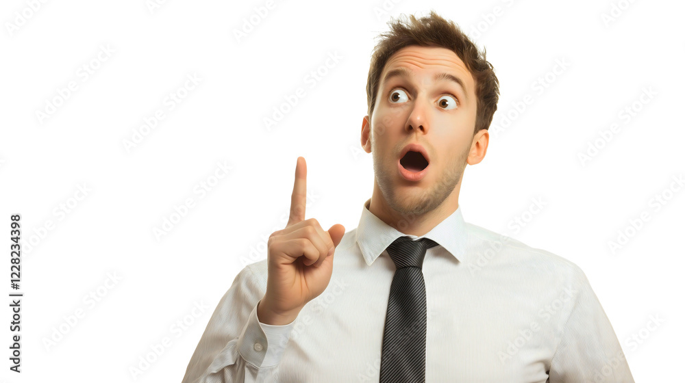 Surprised Businessman Pointing Finger to Idea Announcement with Excitement on White Background Surprised Businessman Pointing Finger to Idea Announcement with Excitement on White Background