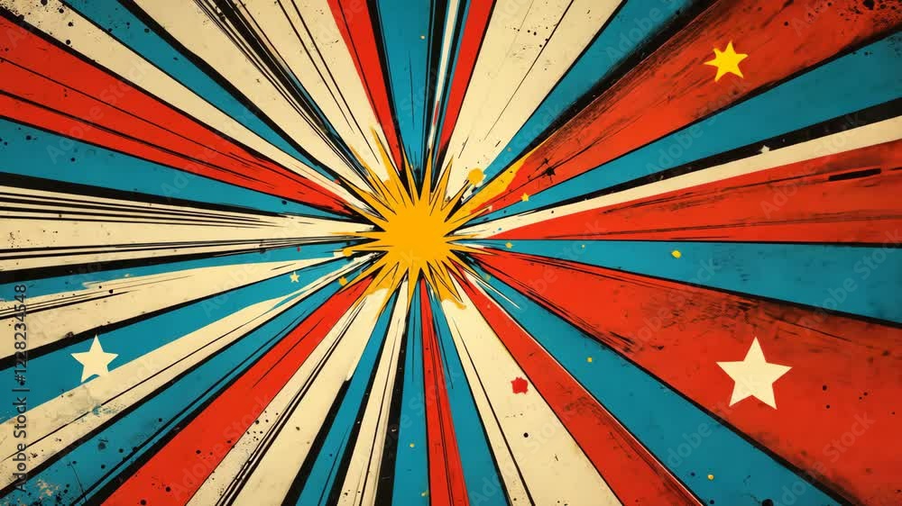 Dynamic burst of colorful stars and stripes in retro comic style animation