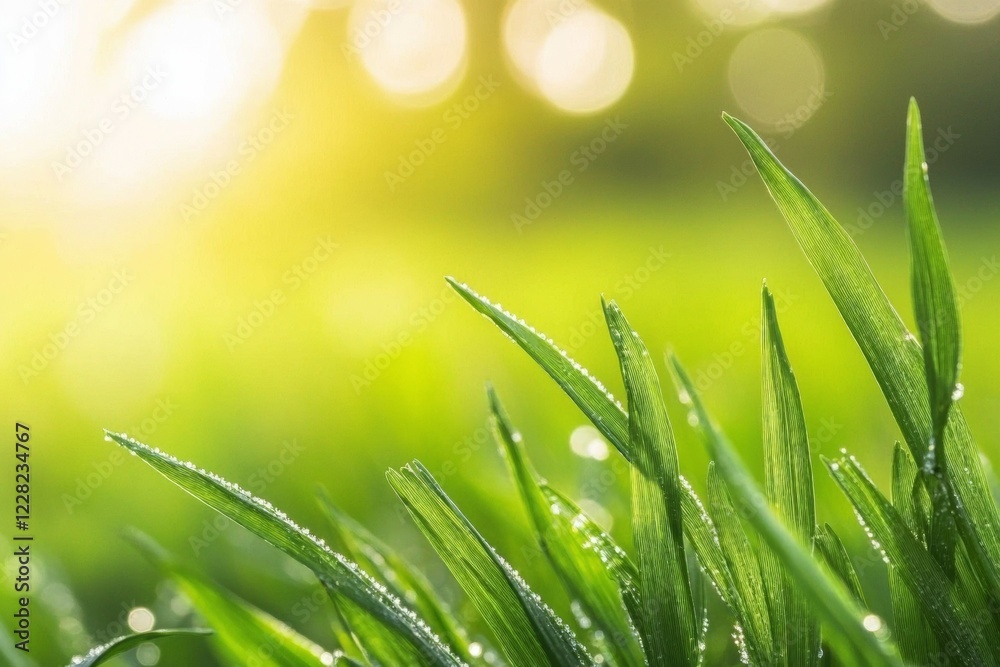 Fototapeta premium Field of green grass with dew on the blades