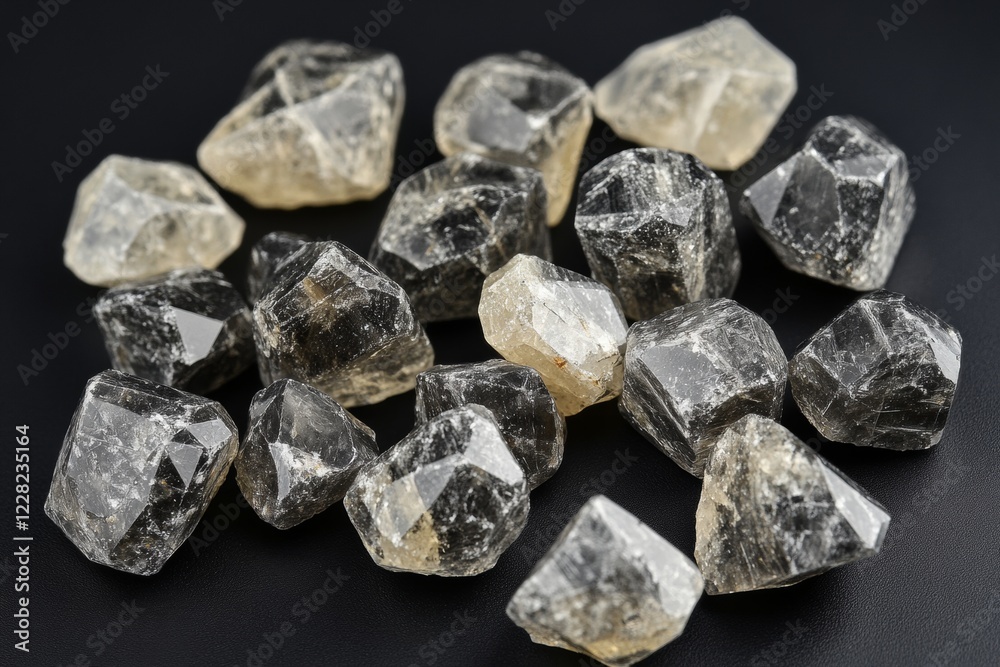 A close-up view reveals rough, unpolished diamonds scattered on a black surface, highlighting their unique shapes and natural imperfections under 8K resolution detail A close-up view reveals rough, unpolished diamonds scattered on a black surface, highlighting their unique shapes and natural imperfections under 8K resolution detail