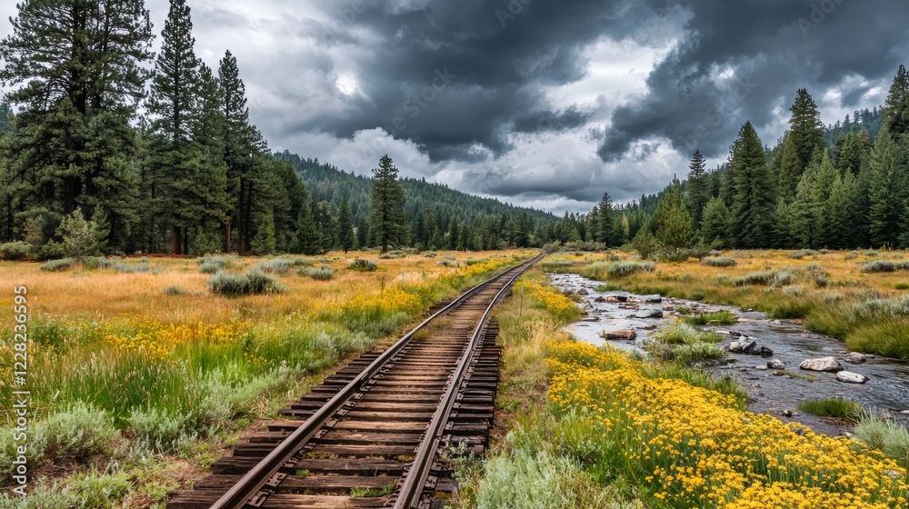 Cloudy day along abandoned railway tracks beside a vibrant meadow in a serene forest landscape Cloudy day along abandoned railway tracks beside a vibrant meadow in a serene forest landscape