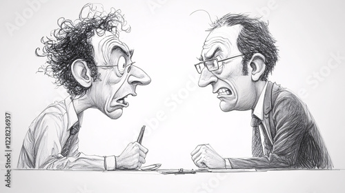 Hand-drawn caricature sketch of two men in a heated argument, highlighting intense expressions and gestures in a monochrome illustration