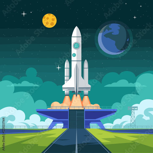 Rocket Ship Launch Pad Vector Graphic - Cartoon Style