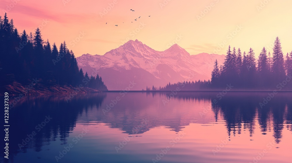 Fototapeta premium Serene Sunset Over Mountain Lake and Forest