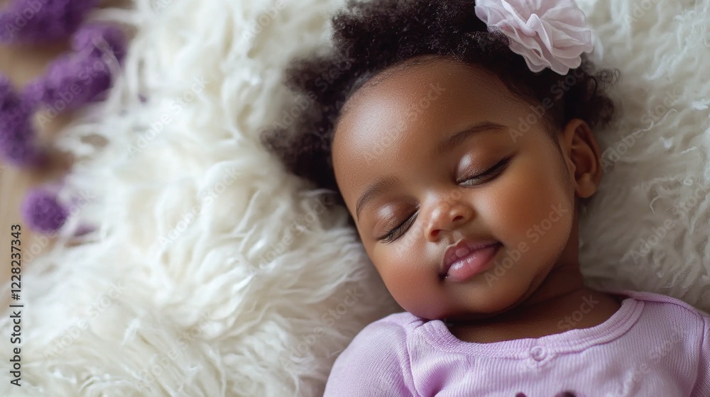 Baby sleeping peacefully on a soft blanket with a floral accessory in a serene indoor setting Baby sleeping peacefully on a soft blanket with a floral accessory in a serene indoor setting