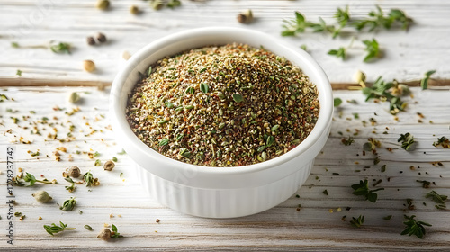 Fototapeta Naklejka Na Ścianę i Meble -  Herb and spice seasoning blend in a white bowl on a rustic wooden surface scattered with herbs and spices