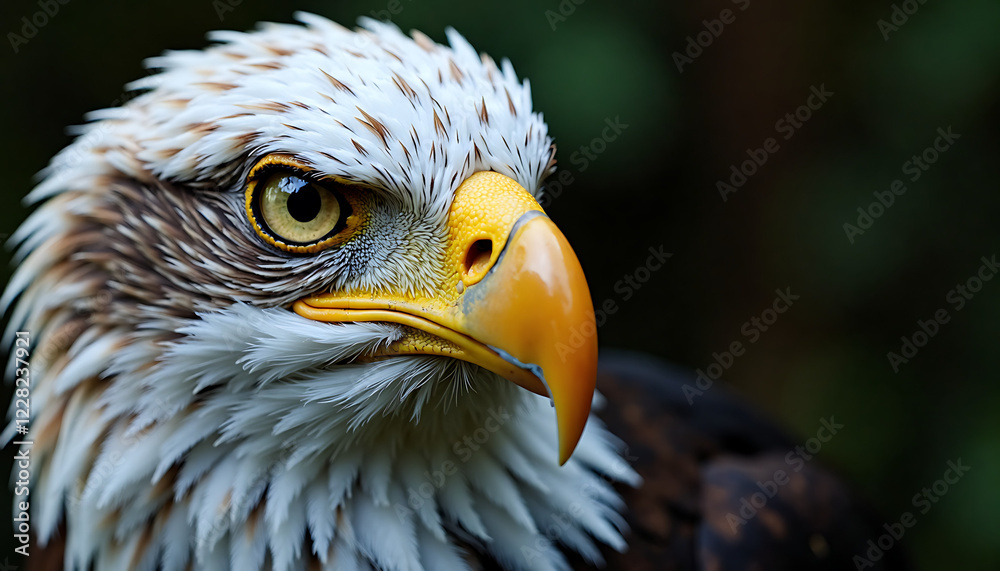Obraz premium Close-up of a bald eagle’s face with a piercing gaze in a blurred natural setting