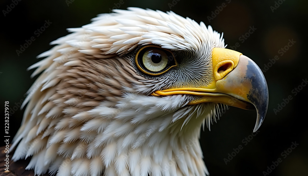 Obraz premium Close-up of a bald eagle's profile with an intense gaze in a blurred natural background