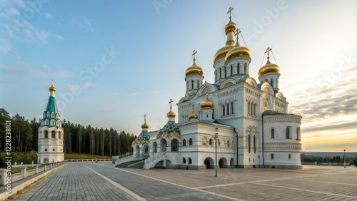 Majestic Russian Orthodox Church Exterior at Holy Dormition Monastery in Krasnoyarsk, natural light, architecture, monastery, stone walls