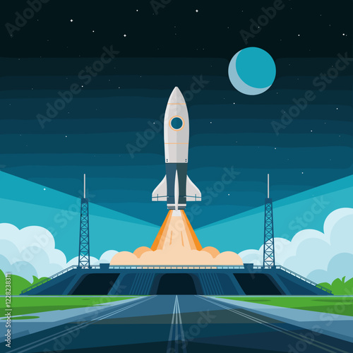 Rocket Ship Launch Pad Vector Graphic - Cartoon Style