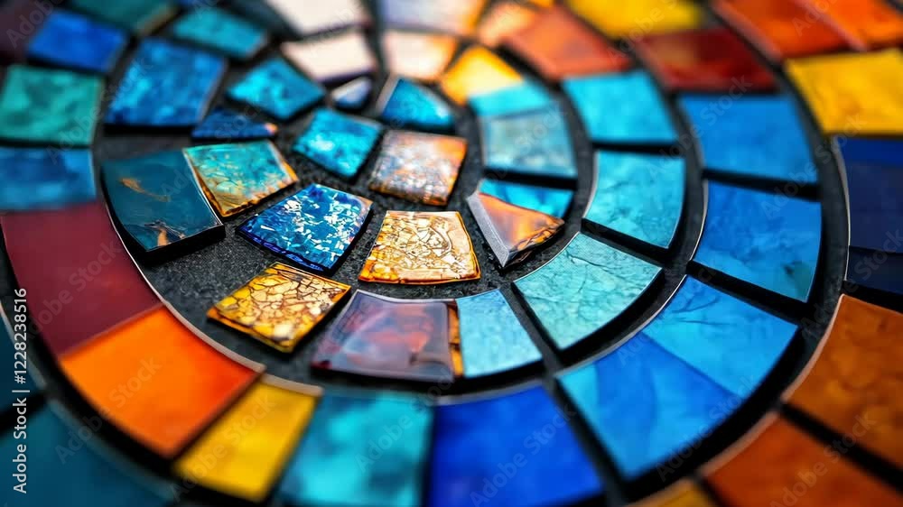 Vibrant stained glass spiral shifting colors in kaleidoscopic motion Vibrant stained glass spiral shifting colors in kaleidoscopic motion