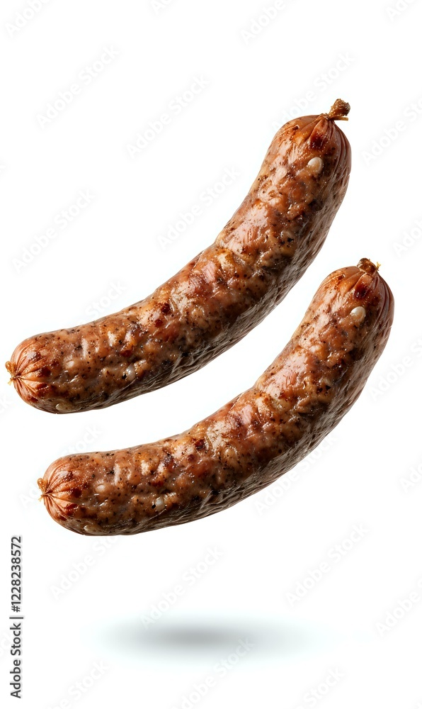 Two grilled bratwurst sausages floating on white background, appetizing brown crust with visible spices and herbs. Isolated food photography for menu design. Two grilled bratwurst sausages floating on white background, appetizing brown crust with visible spices and herbs. Isolated food photography for menu design.