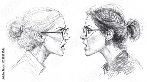 Hand-drawn sketch of two women in a heated argument facing each other in a monochrome pencil illustration with intense expression photo