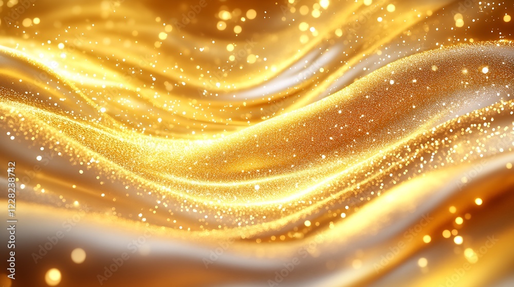 Obraz premium Glittering Golden Abstract Waves with Sparkling Particles Creating Magical Fantasy Scenery : Generative AI
