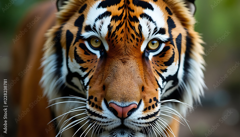 Obraz premium Close-up of a tiger's face with an intense gaze in a natural setting 