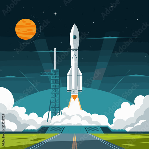 Rocket Ship Launch Pad Vector Graphic - Cartoon Style