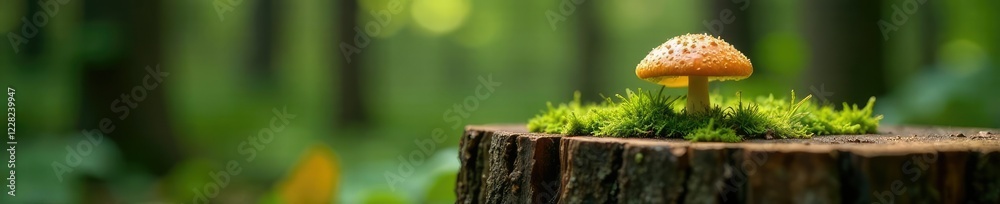 Fototapeta premium Mossy conifer tuft mushroom growing on weathered tree stump, wood, nature