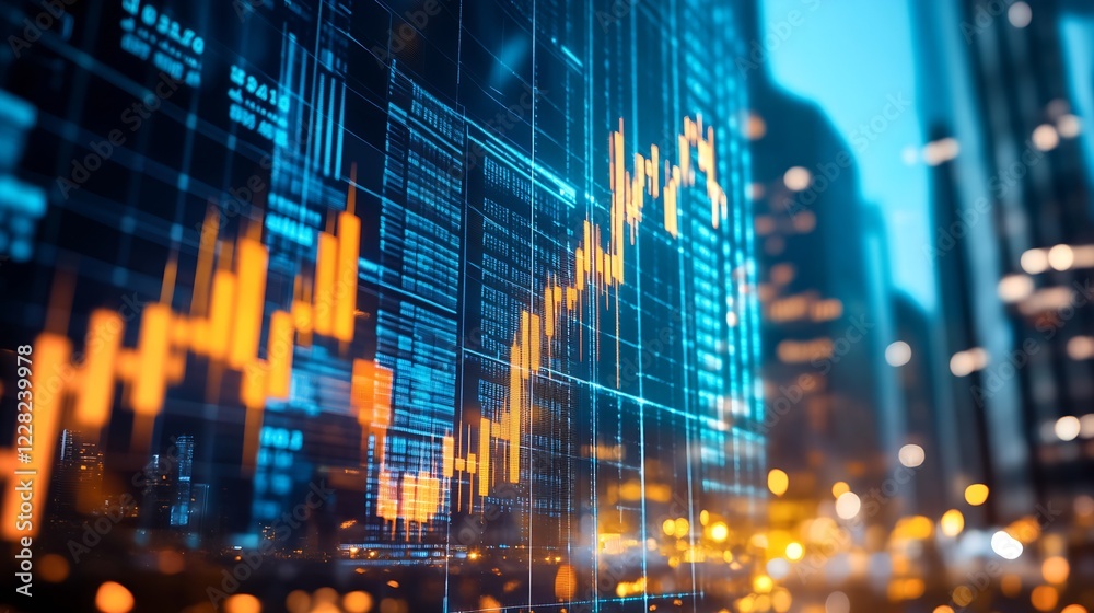Fototapeta premium Dynamic Stock Market Graph Illuminated Against a Vibrant Cityscape at Dusk : Generative AI