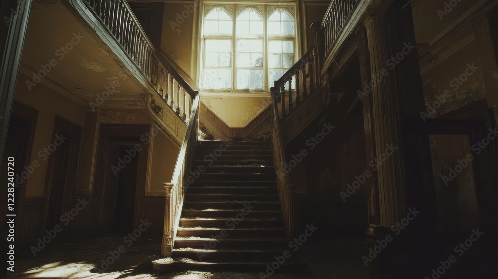 Obraz premium Sunlit Staircase in an Abandoned Mansion