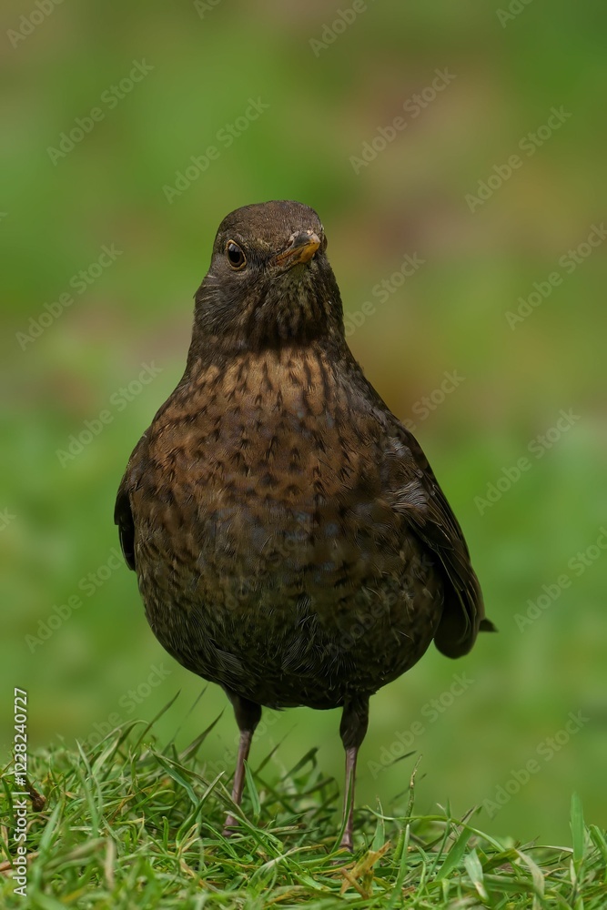 Fototapeta premium European blackbird on grass with blurred background.