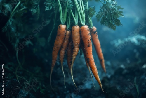 Close up view of a vibrant bunch of fresh carrots displaying their rich color and texture details. photo