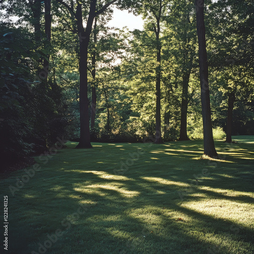 tall vertical deciduous trees with a dense lush green canopy full of leaves growing over a grass field in a back yard property of wooded forest land in park of mid Atlantic state  photo