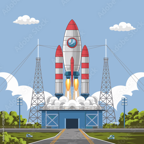 Rocket Ship Launch Pad Vector Graphic - Cartoon Style