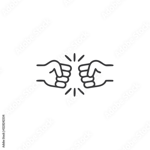 Fist bump icon, friendly gesture, minimalist black outline on white background, copy space