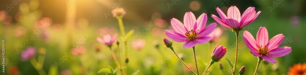 Wild Cleome rutidosperma flowers blooming in sunlight, , garden weeds Wild Cleome rutidosperma flowers blooming in sunlight, , garden weeds